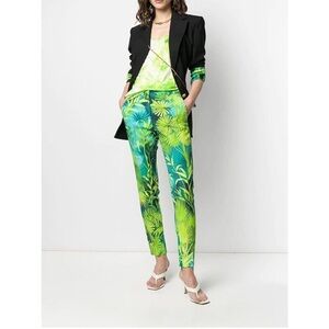 Rare Versace Green Blue Skinny Jeans pants Bold leaf signature Tropical print